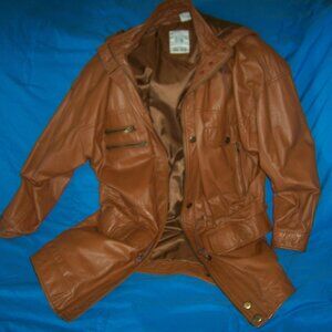 "Get Together" Vintage Leather Hooded Parka Size Large Camel Color